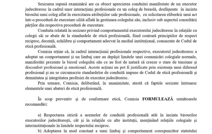 Avizul consultativ al Comisiei de etică profesională nr. 1 din 16.01.2026
